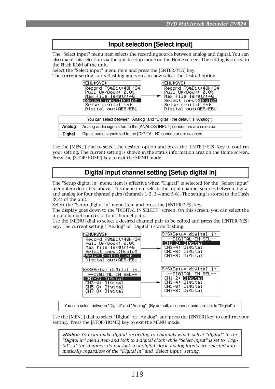 Fostex DV824 owner manual Input selection Select input, Digital input channel setting Setup digital, 119, Analog 