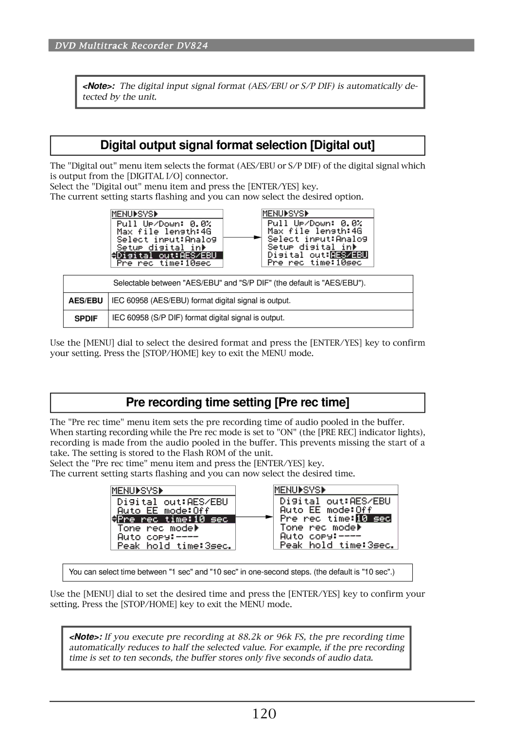 Fostex DV824 Digital output signal format selection Digital out, Pre recording time setting Pre rec time, 120, Spdif 