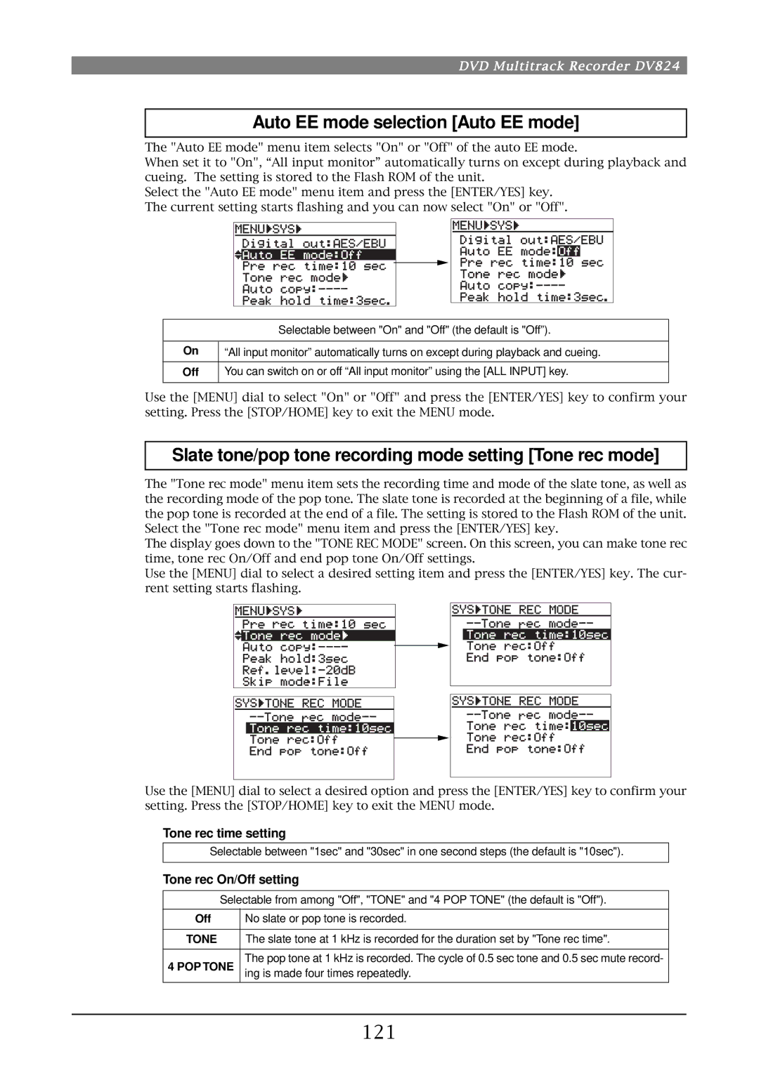 Fostex DV824 Auto EE mode selection Auto EE mode, Slate tone/pop tone recording mode setting Tone rec mode, 121 