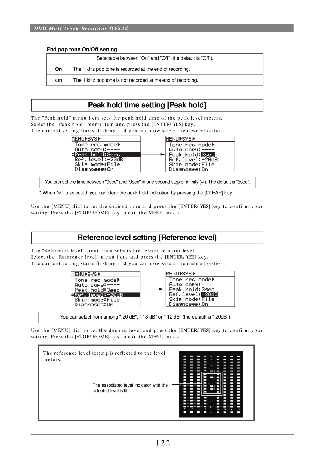 Fostex DV824 Peak hold time setting Peak hold, Reference level setting Reference level, 122, End pop tone On/Off setting 