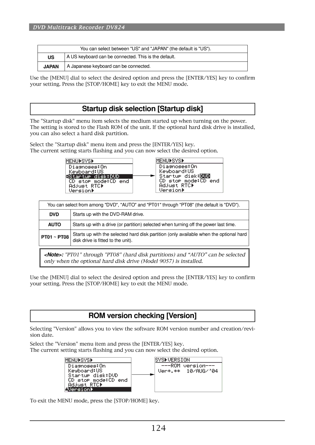 Fostex DV824 owner manual Startup disk selection Startup disk, ROM version checking Version, 124, Japan, Auto 