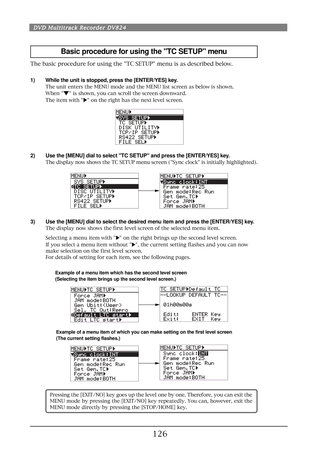 Fostex DV824 owner manual Basic procedure for using the TC Setup menu, 126 