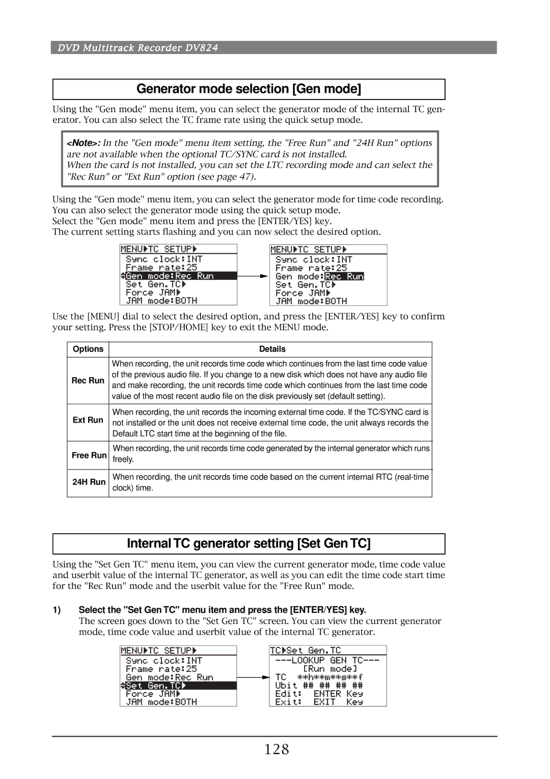 Fostex DV824 owner manual Generator mode selection Gen mode, Internal TC generator setting Set Gen TC, 128 