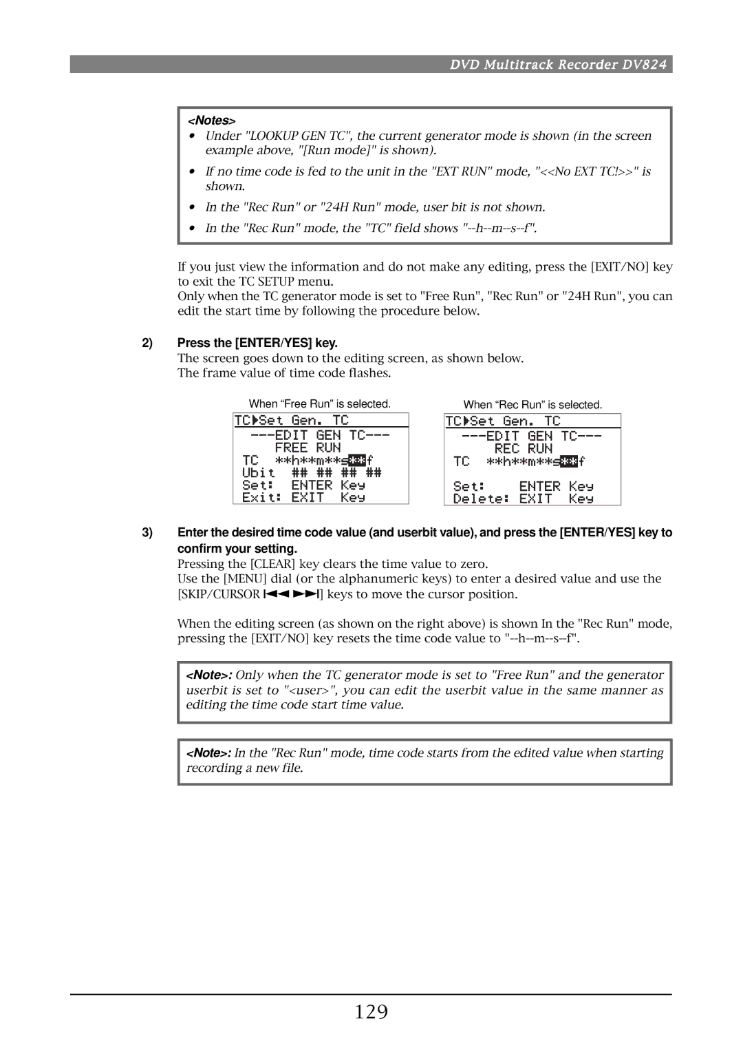 Fostex DV824 owner manual 129, Press the ENTER/YES key 