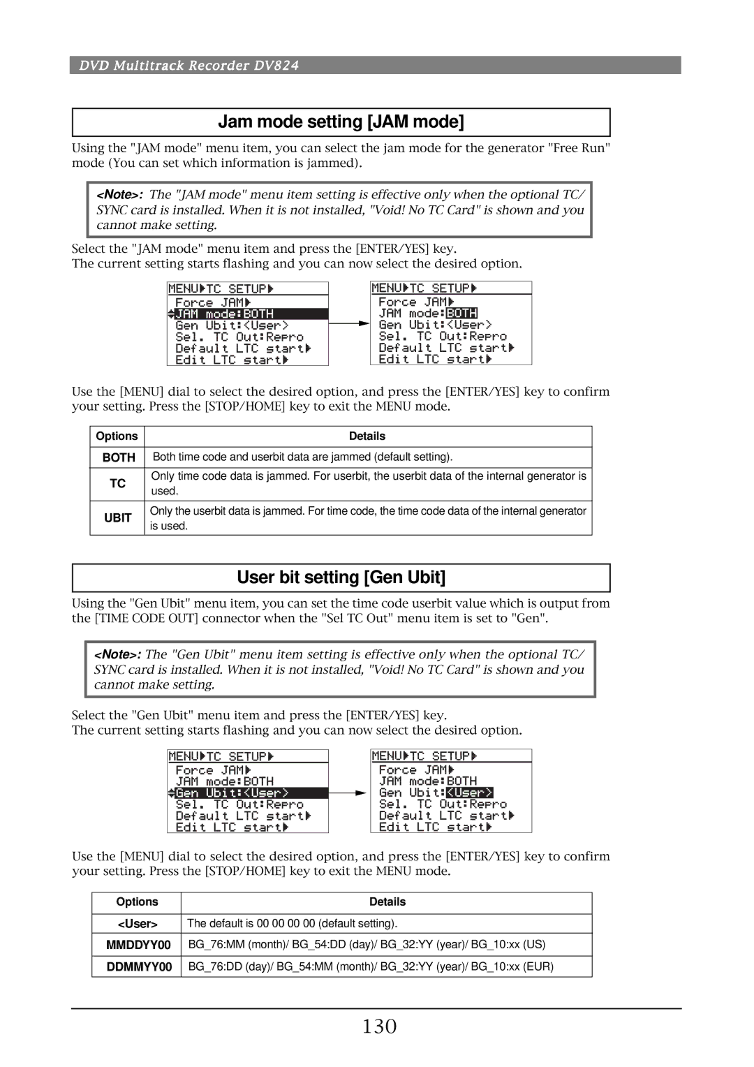Fostex DV824 owner manual Jam mode setting JAM mode, User bit setting Gen Ubit, 130 