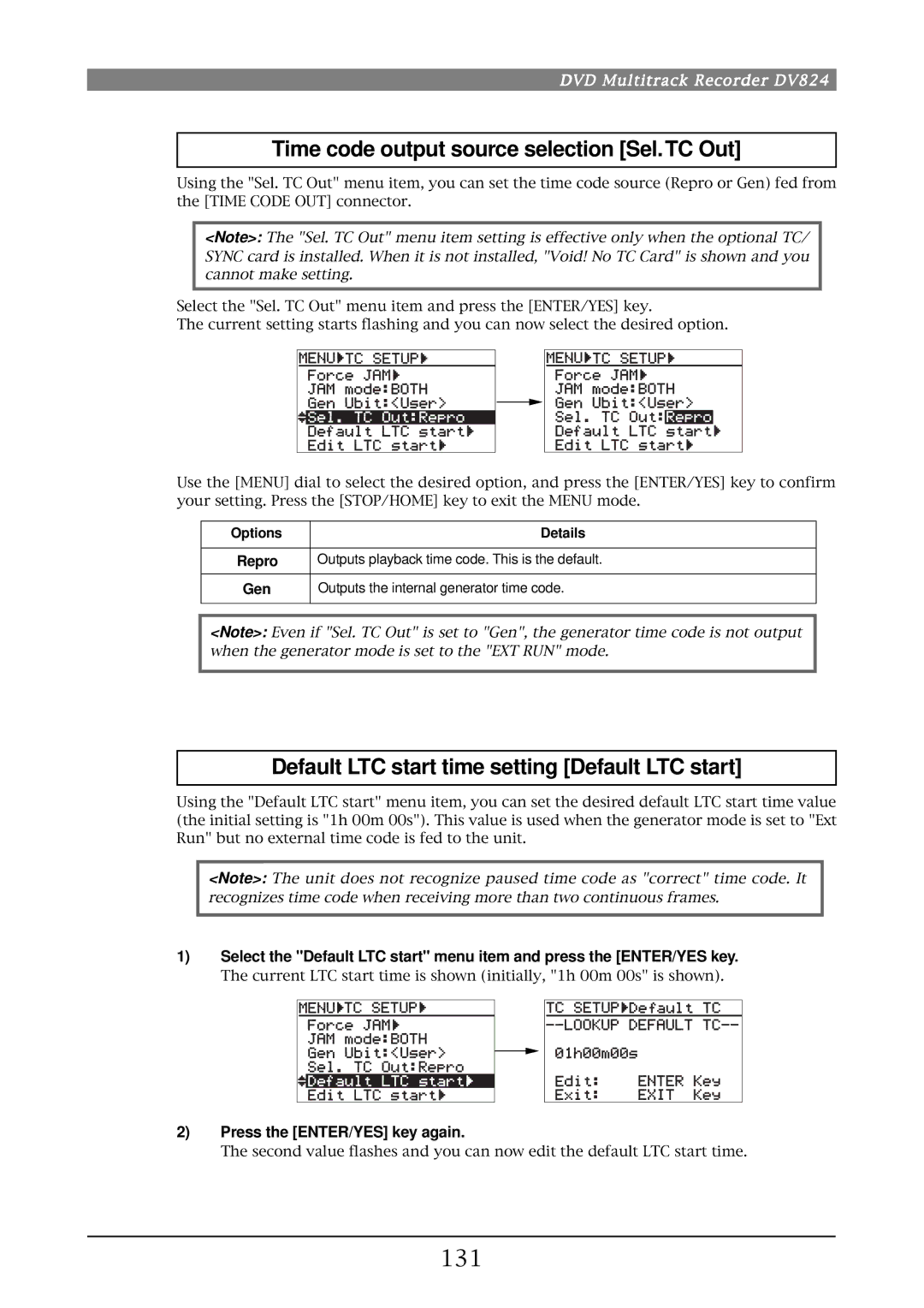 Fostex DV824 Time code output source selection Sel.TC Out, Default LTC start time setting Default LTC start, 131 