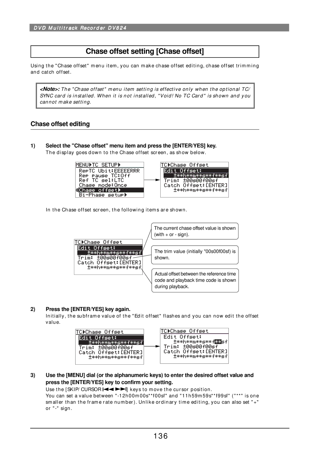 Fostex DV824 owner manual Chase offset setting Chase offset, 136, Chase offset editing 