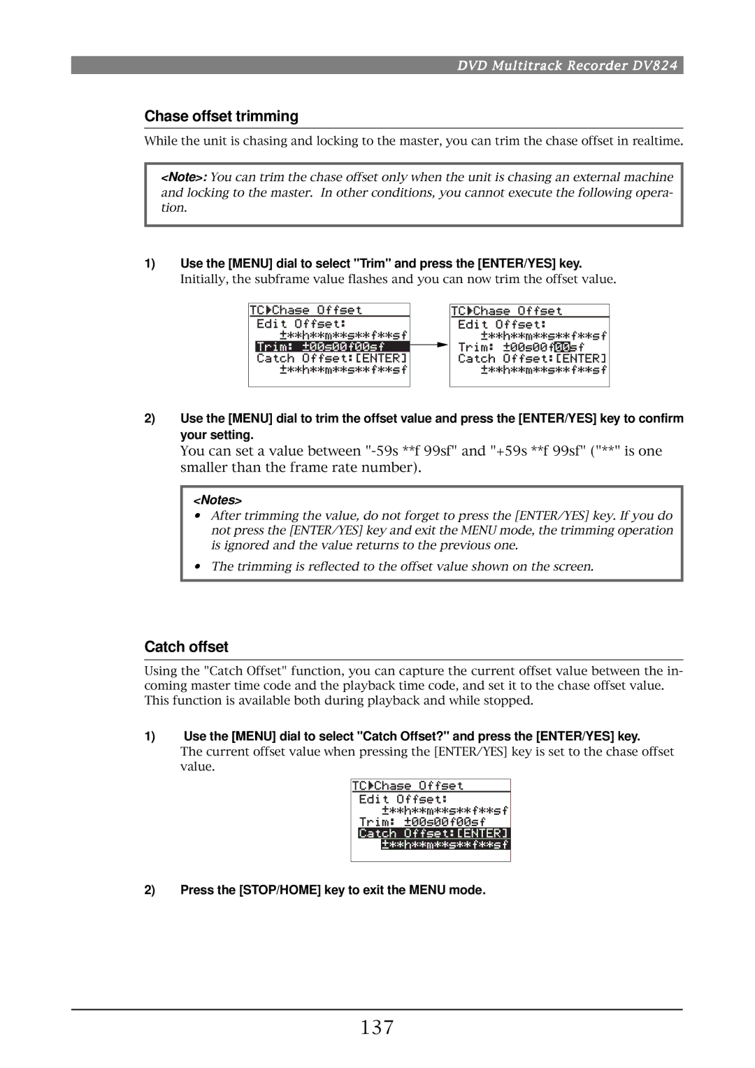 Fostex DV824 owner manual 137, Chase offset trimming, Catch offset 