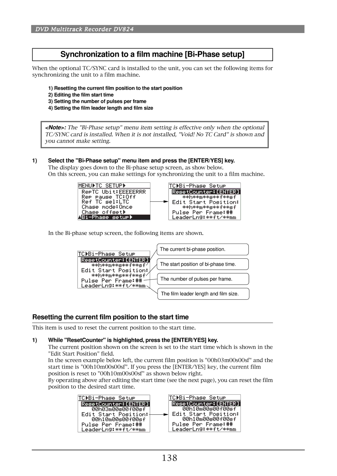 Fostex DV824 Synchronization to a film machine Bi-Phase setup, 138, Resetting the current film position to the start time 