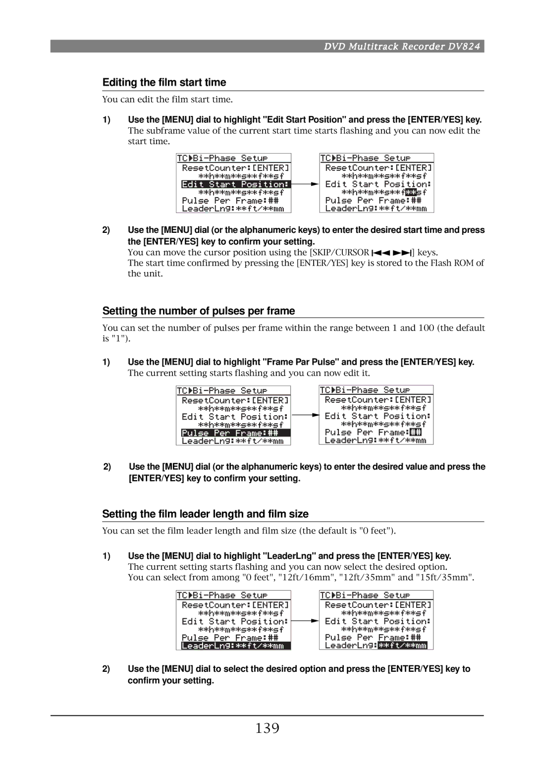 Fostex DV824 owner manual 139, Editing the film start time, Setting the number of pulses per frame 