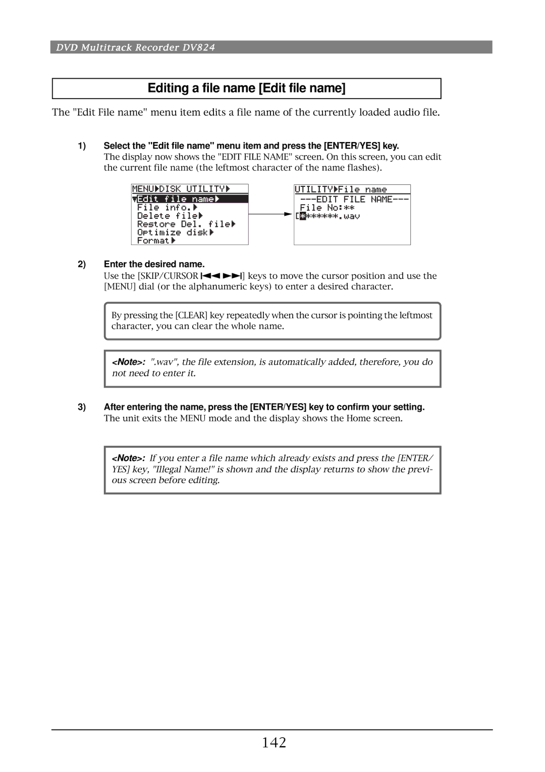 Fostex DV824 owner manual Editing a file name Edit file name, 142, Enter the desired name 