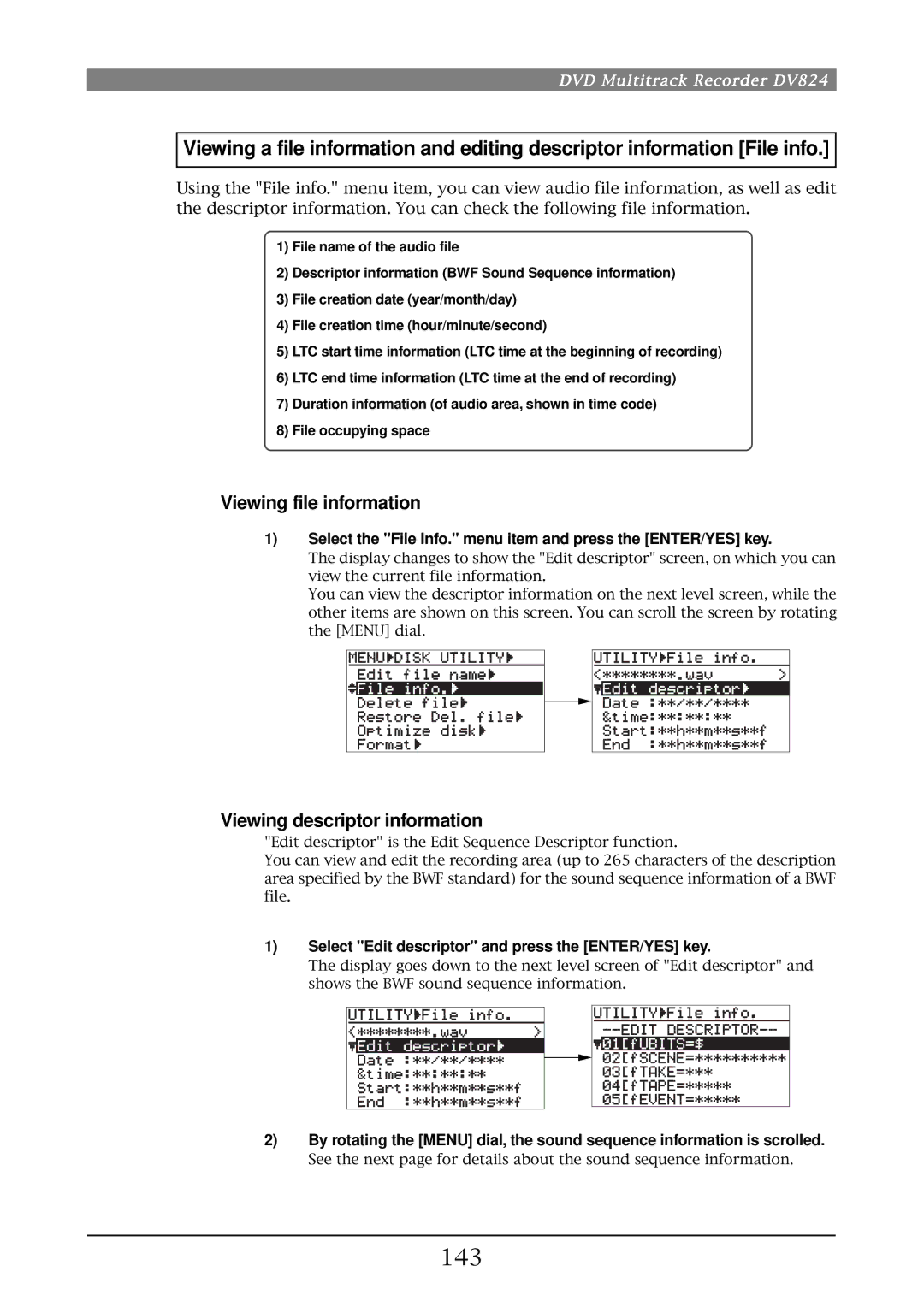 Fostex DV824 owner manual 143, Viewing file information, Viewing descriptor information 