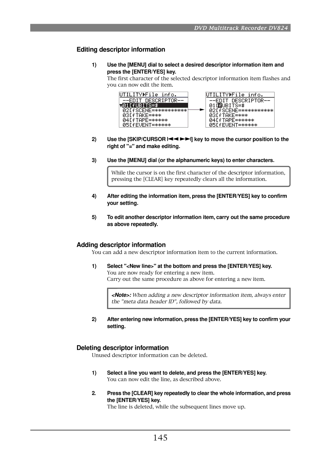 Fostex DV824 145, Editing descriptor information, Adding descriptor information, Deleting descriptor information 