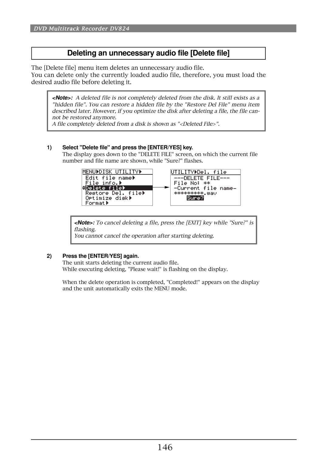 Fostex DV824 Deleting an unnecessary audio file Delete file, 146, Select Delete file and press the ENTER/YES key 
