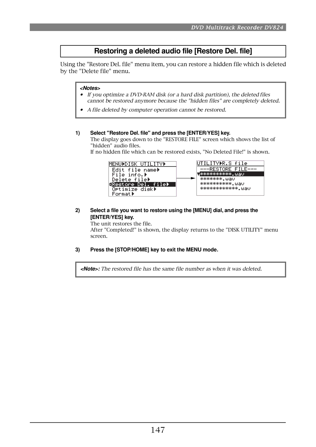 Fostex DV824 Restoring a deleted audio file Restore Del. file, 147, Select Restore Del. file and press the ENTER/YES key 