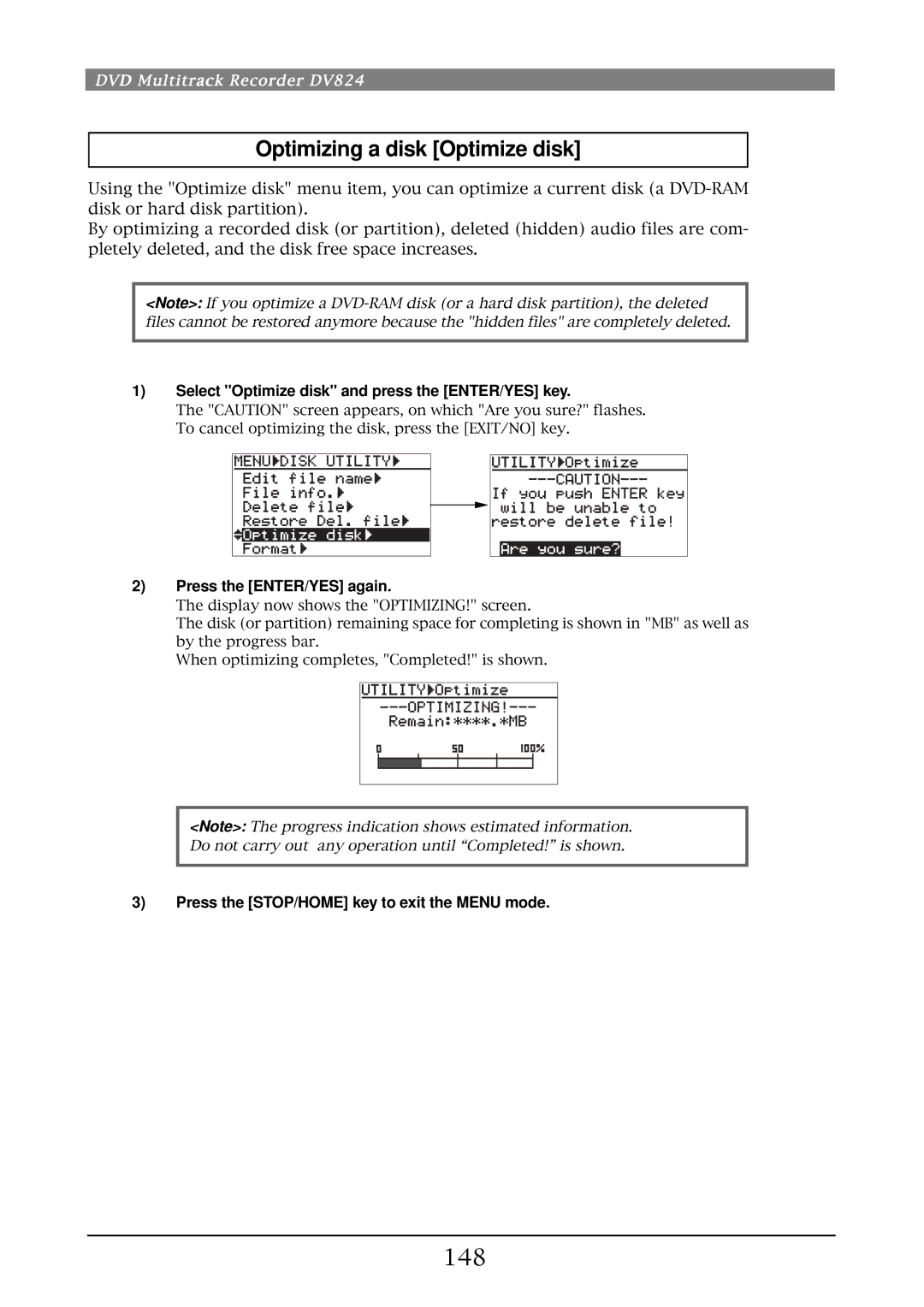 Fostex DV824 owner manual Optimizing a disk Optimize disk, 148 