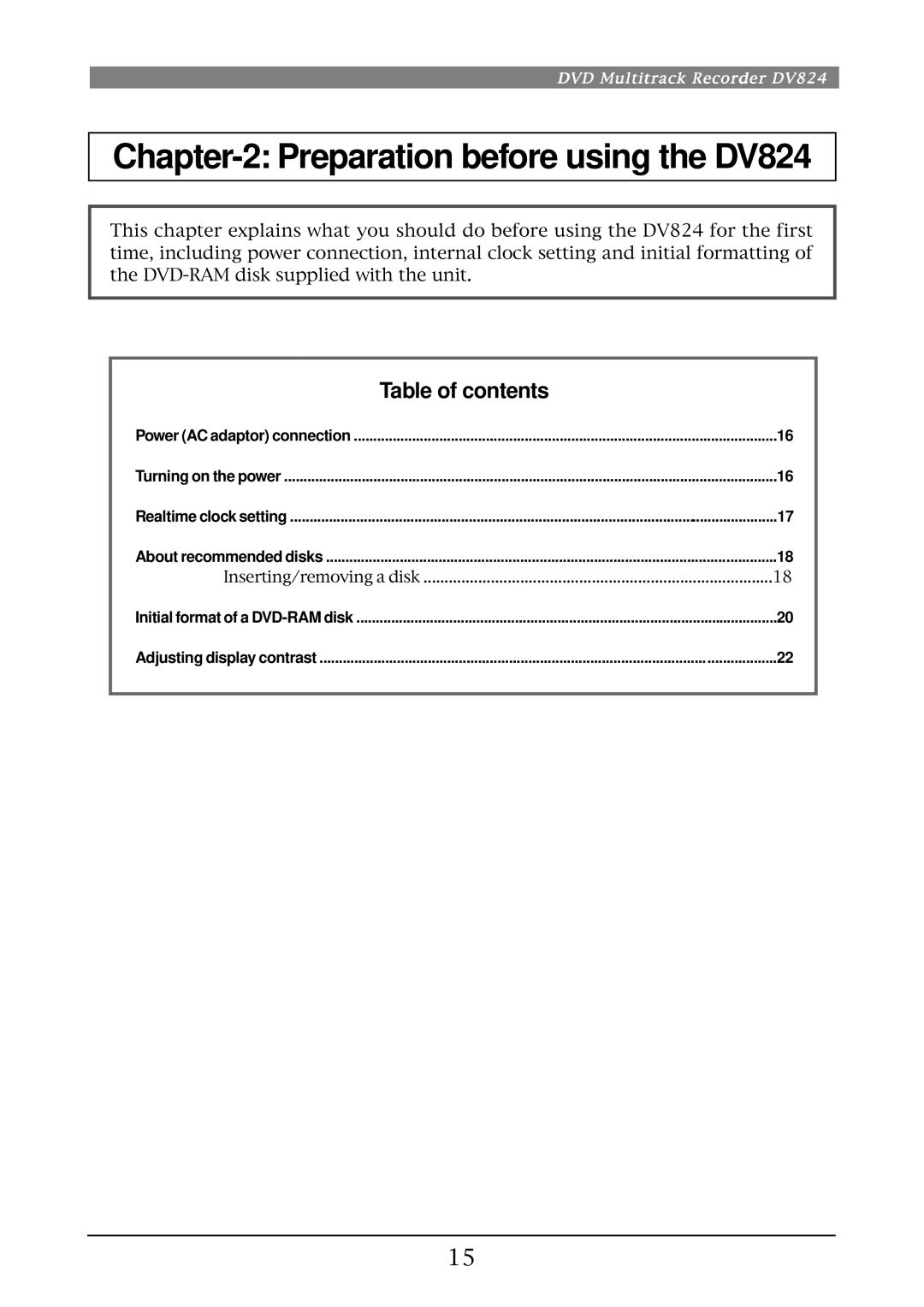 Fostex owner manual Preparation before using the DV824, Table of contents 