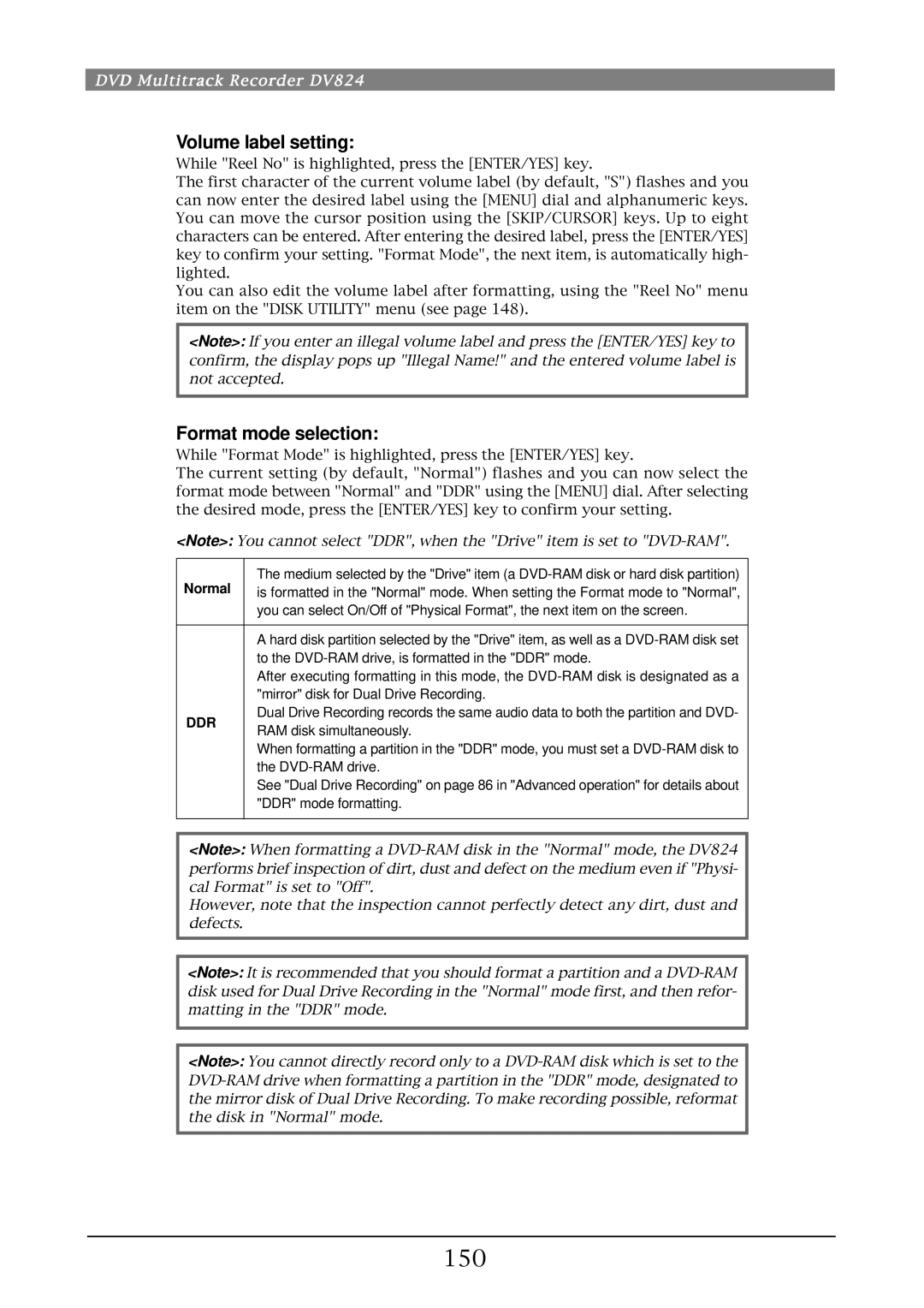 Fostex DV824 owner manual 150, Volume label setting, Format mode selection, Normal, Ddr 