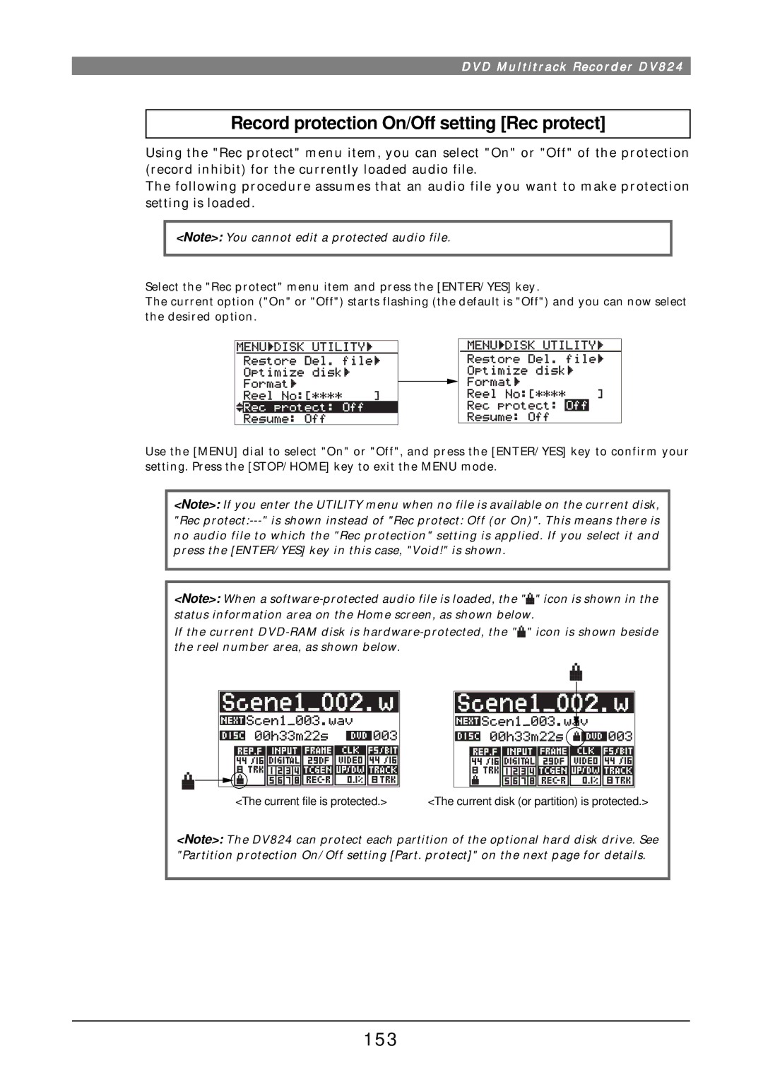 Fostex DV824 owner manual Record protection On/Off setting Rec protect, 153 