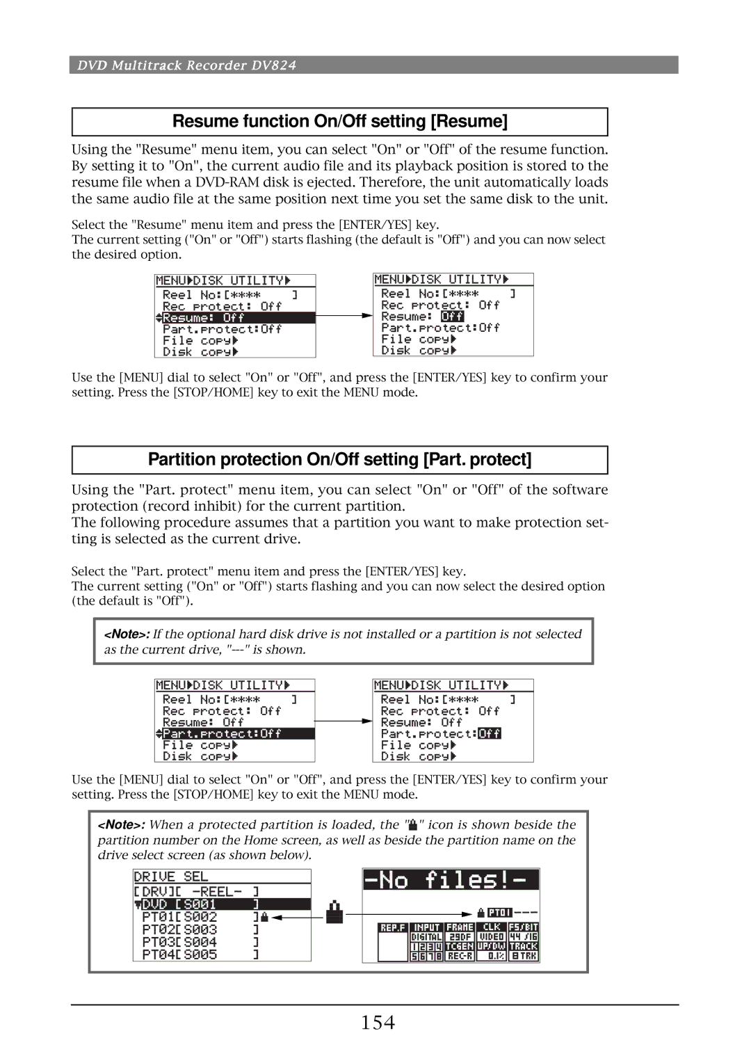 Fostex DV824 owner manual Resume function On/Off setting Resume, Partition protection On/Off setting Part. protect, 154 