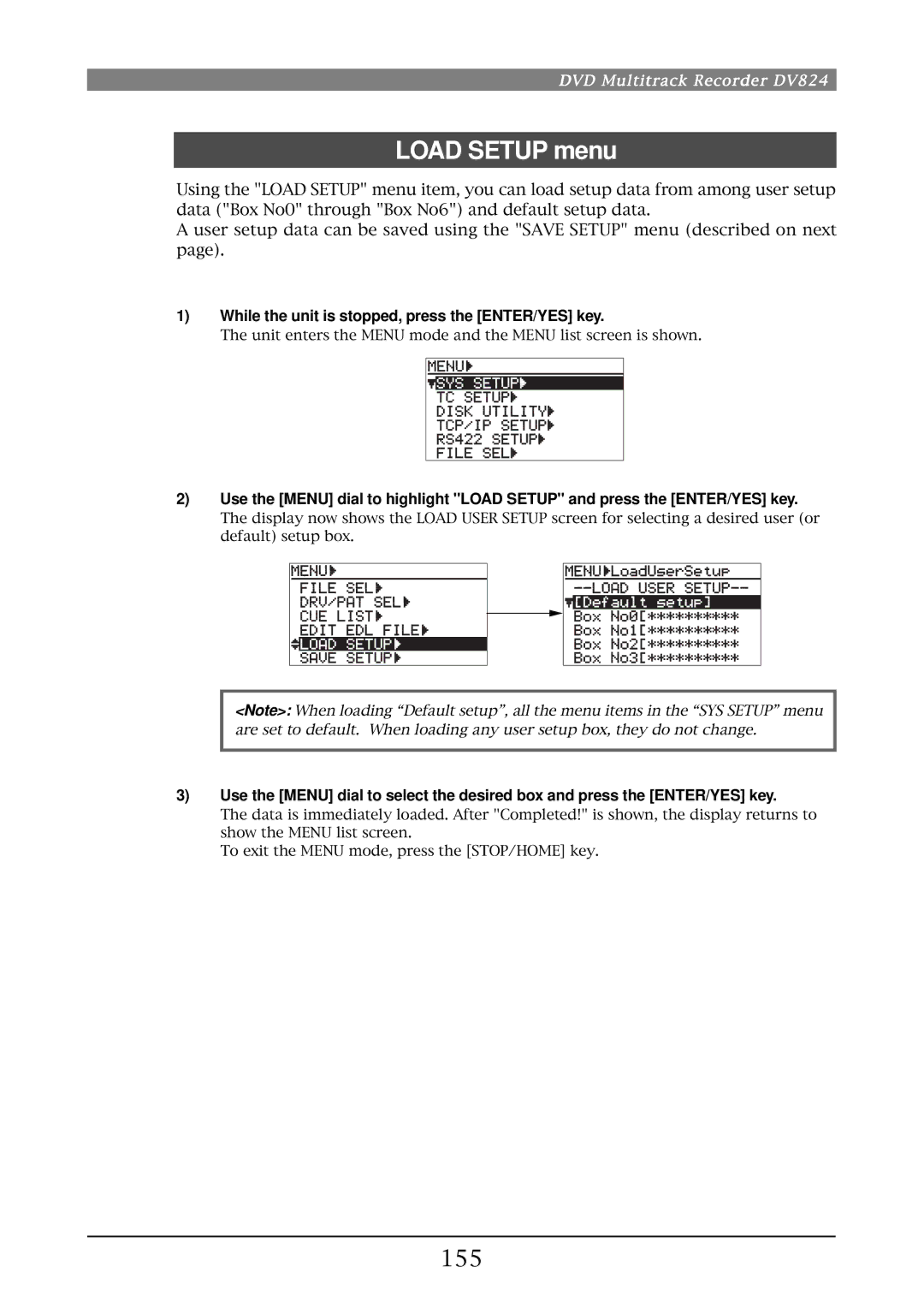 Fostex DV824 owner manual Load Setup menu, 155 