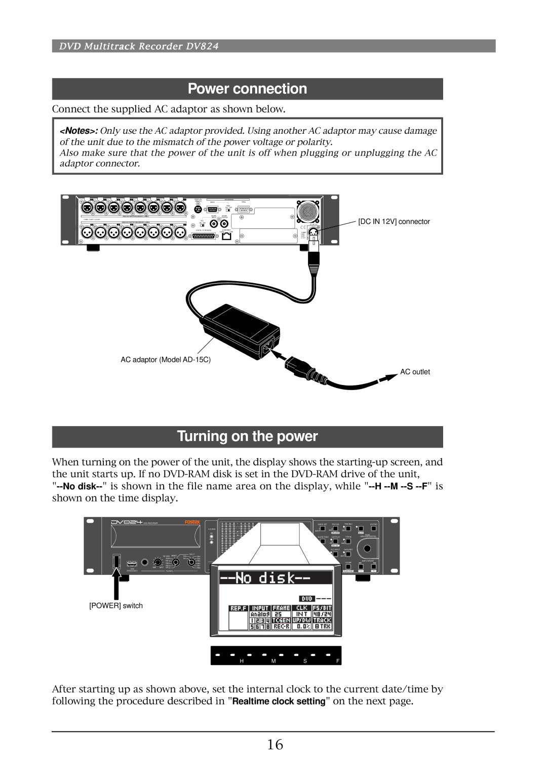 Fostex DV824 owner manual Power connection, Turning on the power 