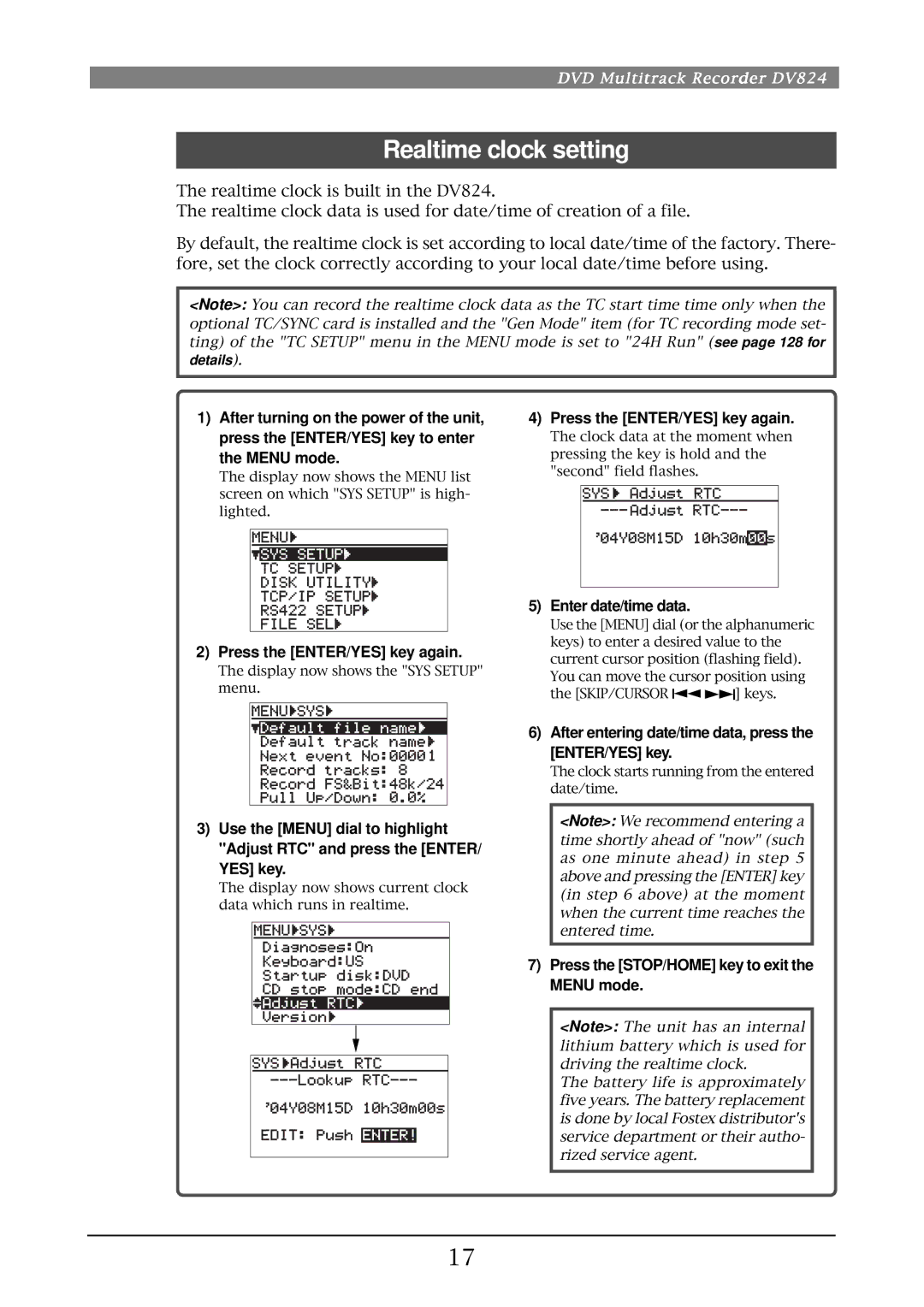 Fostex DV824 owner manual Realtime clock setting 