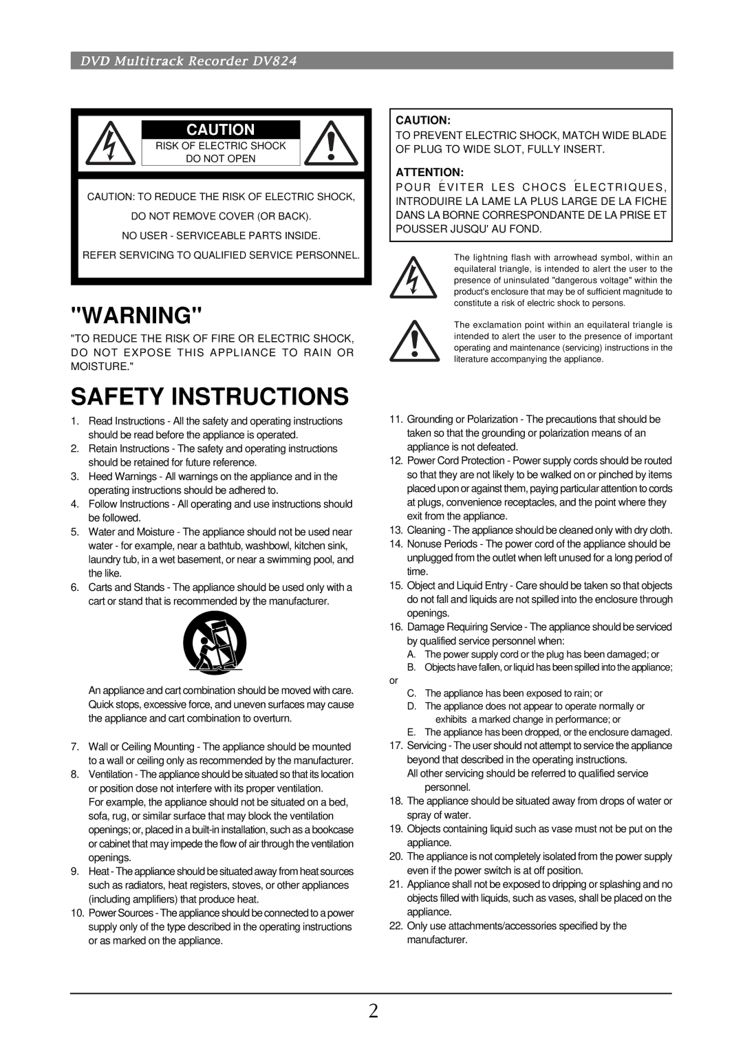 Fostex DV824 owner manual Safety Instructions 