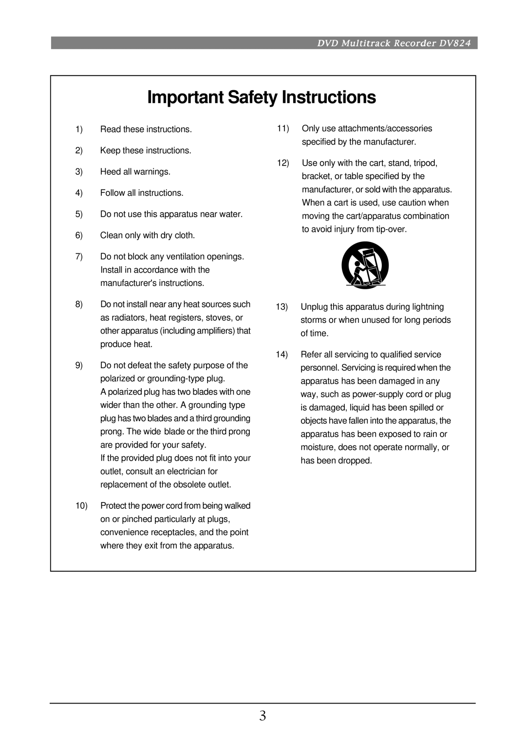 Fostex DV824 owner manual Important Safety Instructions 