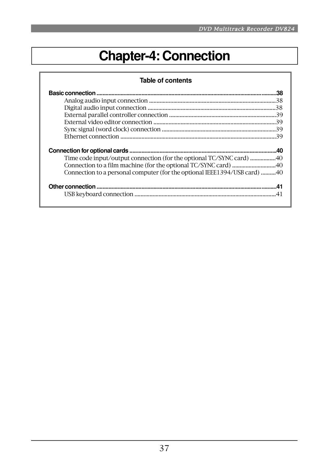 Fostex DV824 owner manual Connection, Table of contents 