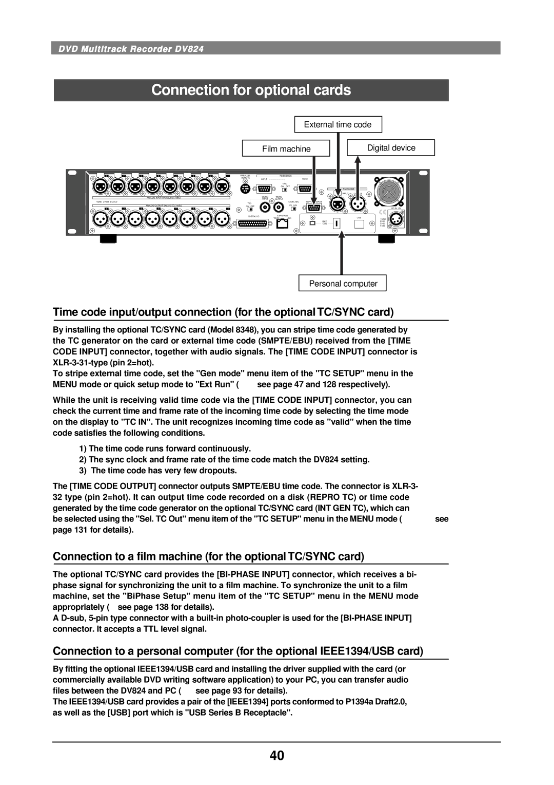 Fostex DV824 owner manual Connection for optional cards, Connection to a film machine for the optional TC/SYNC card 