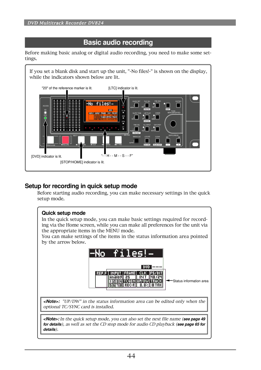 Fostex DV824 owner manual Basic audio recording, Setup for recording in quick setup mode, Quick setup mode 