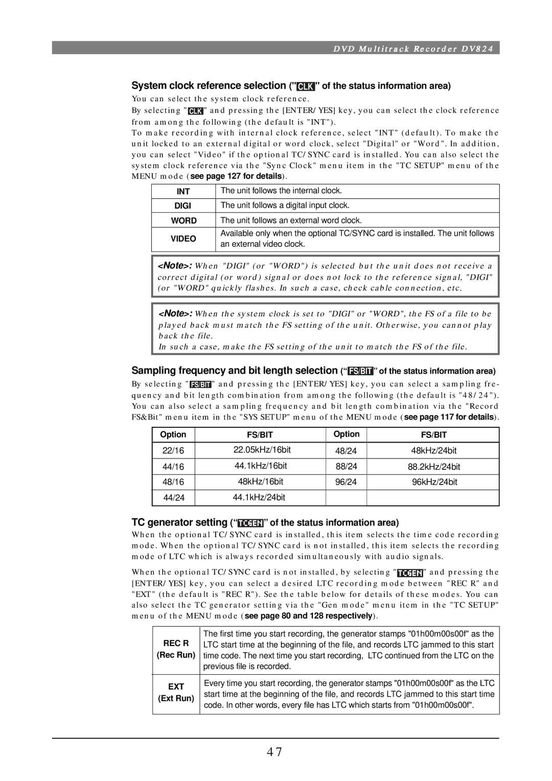 Fostex DV824 owner manual TC generator setting of the status information area 