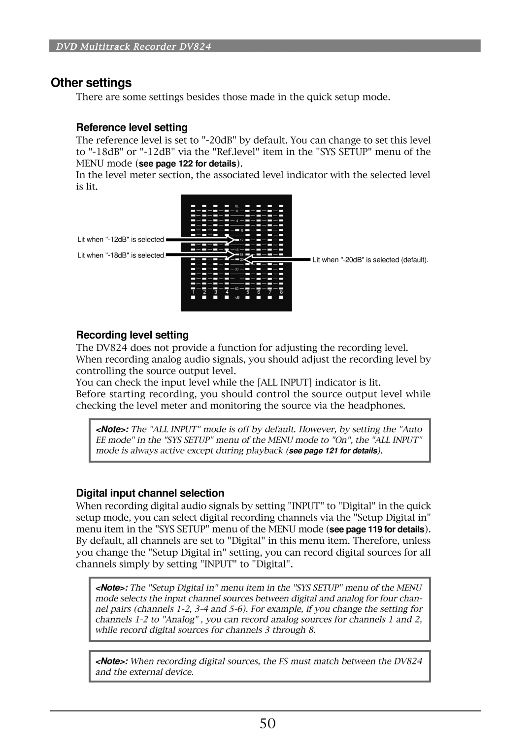 Fostex DV824 owner manual Other settings, Reference level setting, Recording level setting, Digital input channel selection 