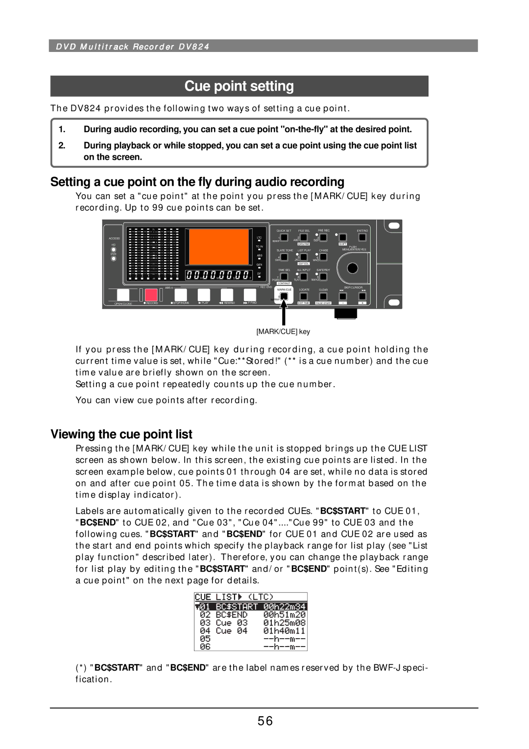 Fostex DV824 Cue point setting, Setting a cue point on the fly during audio recording, Viewing the cue point list 