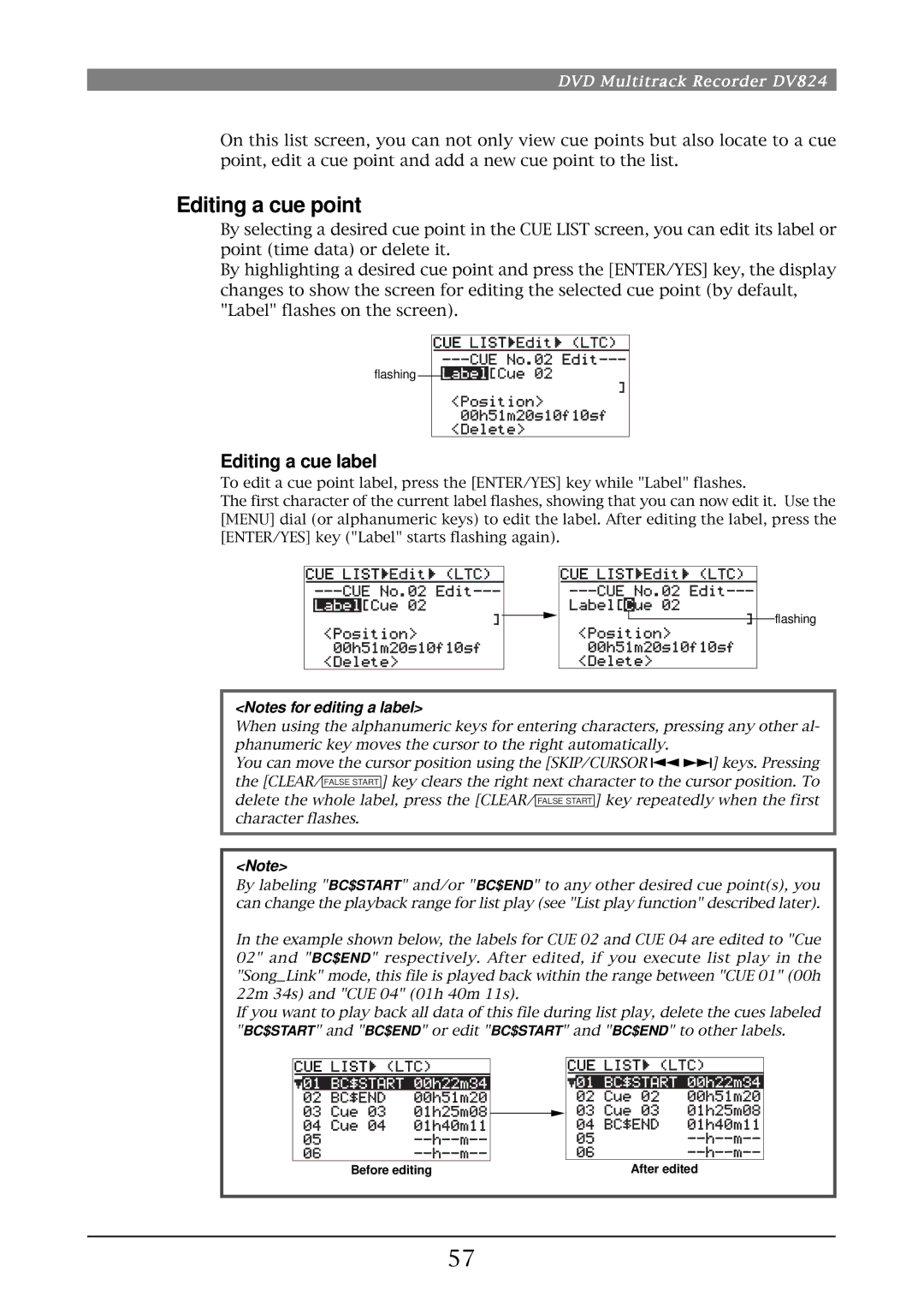 Fostex DV824 owner manual Editing a cue point, Editing a cue label 