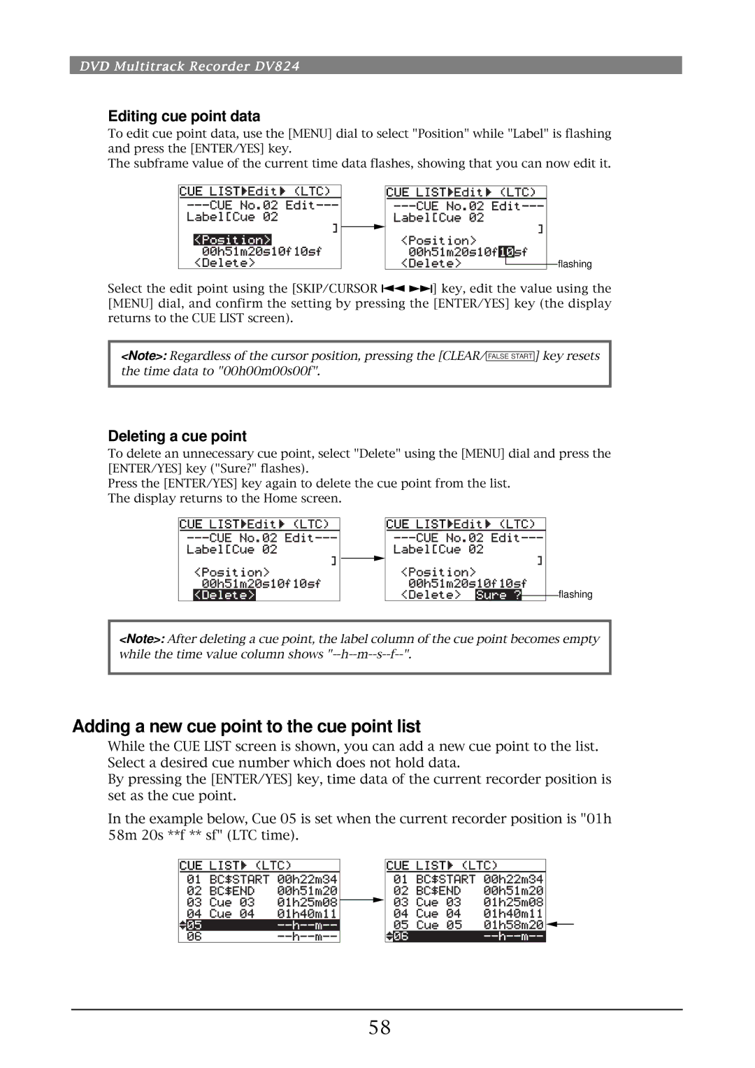 Fostex DV824 owner manual Adding a new cue point to the cue point list, Editing cue point data, Deleting a cue point 