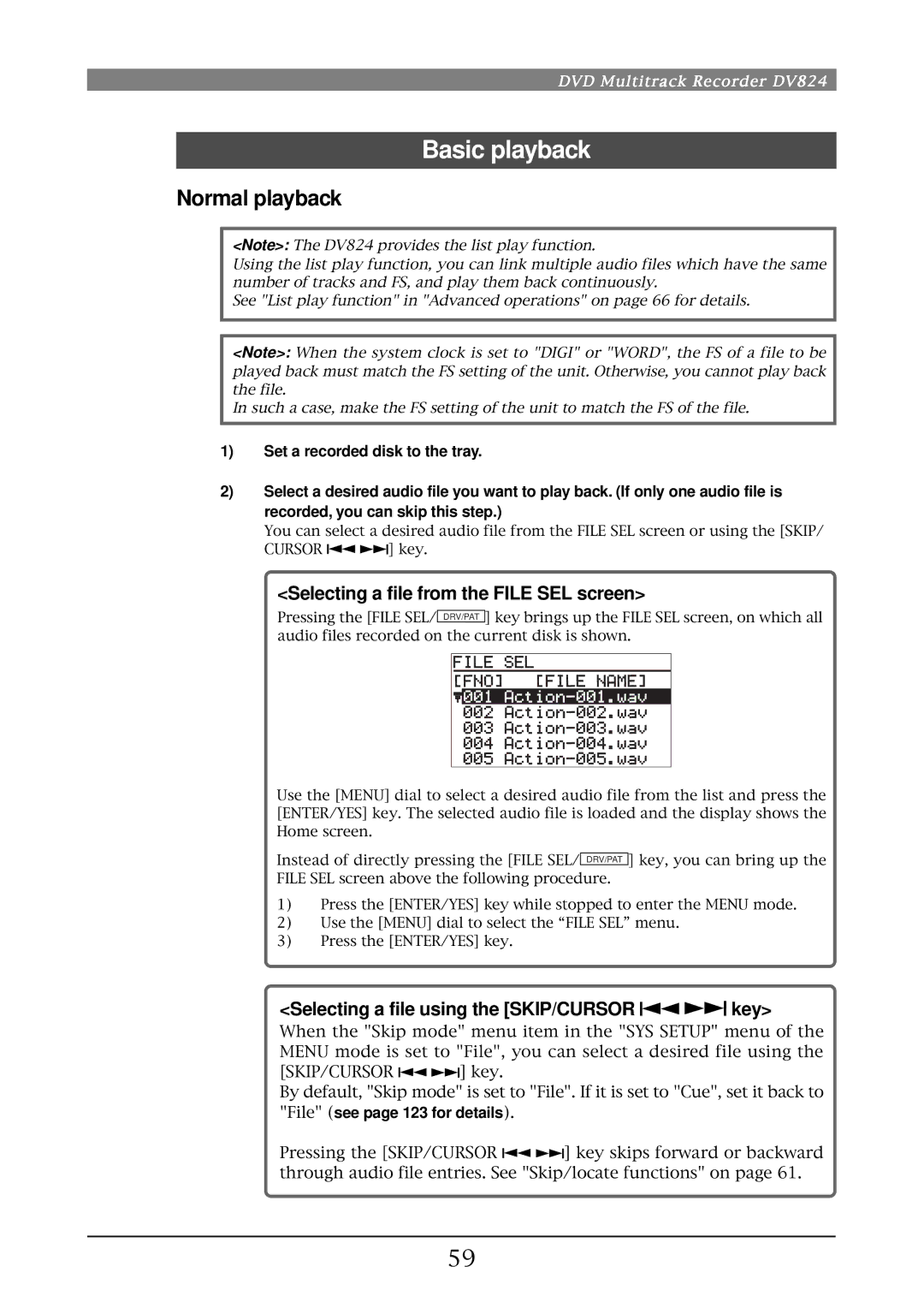 Fostex DV824 owner manual Basic playback, Normal playback, Selecting a file from the File SEL screen 