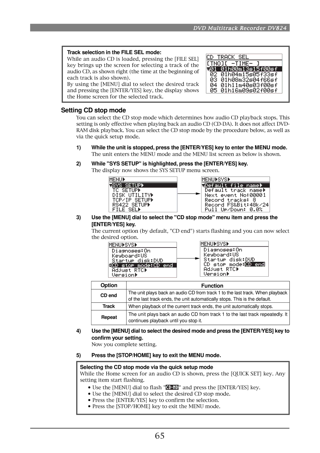 Fostex DV824 owner manual Setting CD stop mode, Track selection in the File SEL mode, Option Function, CD end 