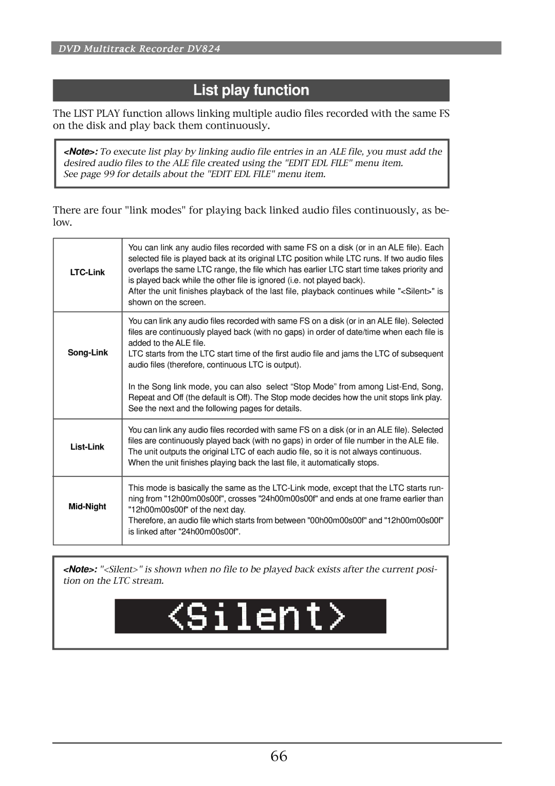 Fostex DV824 owner manual List play function, LTC-Link, Song-Link, List-Link, Mid-Night 