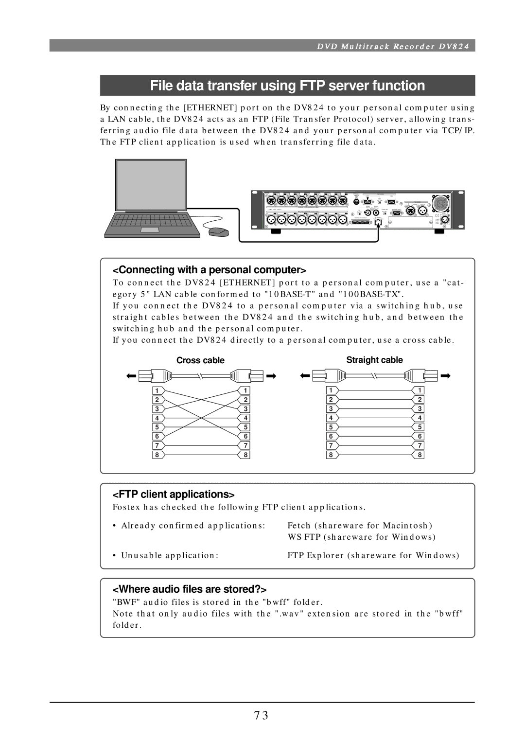 Fostex DV824 File data transfer using FTP server function, Connecting with a personal computer, FTP client applications 