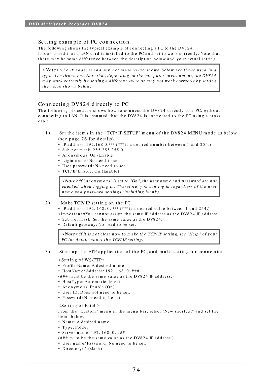 Fostex owner manual Setting example of PC connection, Connecting DV824 directly to PC, Make TCP/IP setting on the PC 