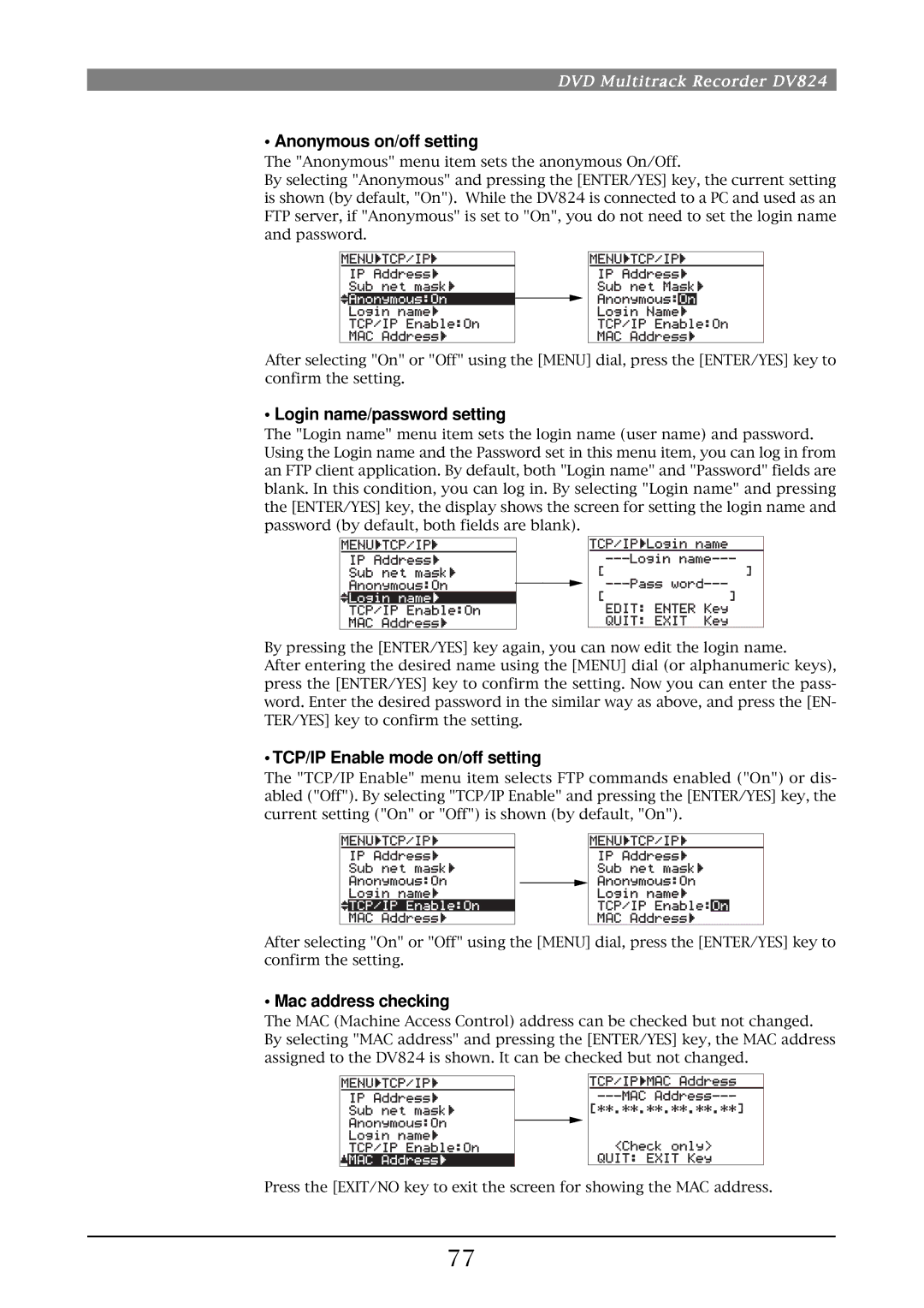 Fostex DV824 owner manual Anonymous on/off setting, Login name/password setting, TCP/IP Enable mode on/off setting 