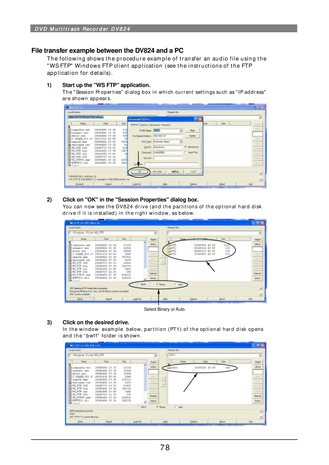 Fostex File transfer example between the DV824 and a PC, Start up the WS FTP application, Click on the desired drive 