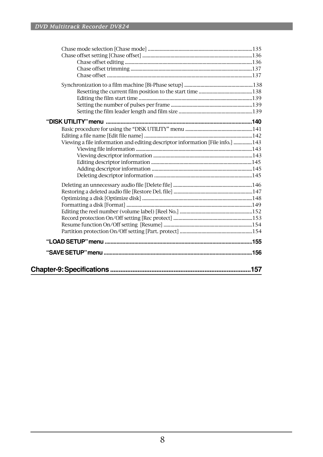 Fostex DV824 owner manual Specifications, 140, 155, 156 