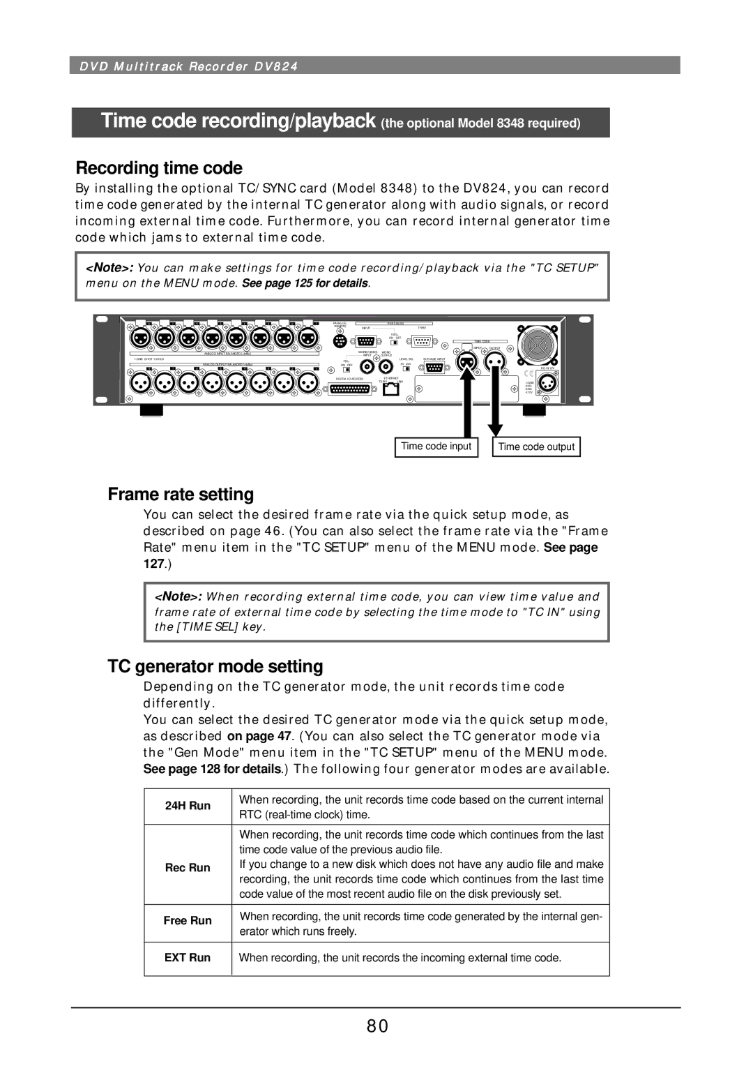 Fostex DV824 owner manual Recording time code, Frame rate setting, TC generator mode setting, 24H Run, Free Run 