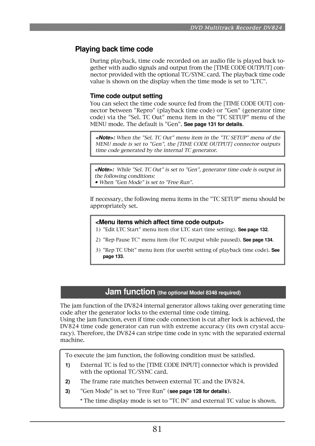 Fostex DV824 owner manual Playing back time code, Time code output setting, Menu items which affect time code output 