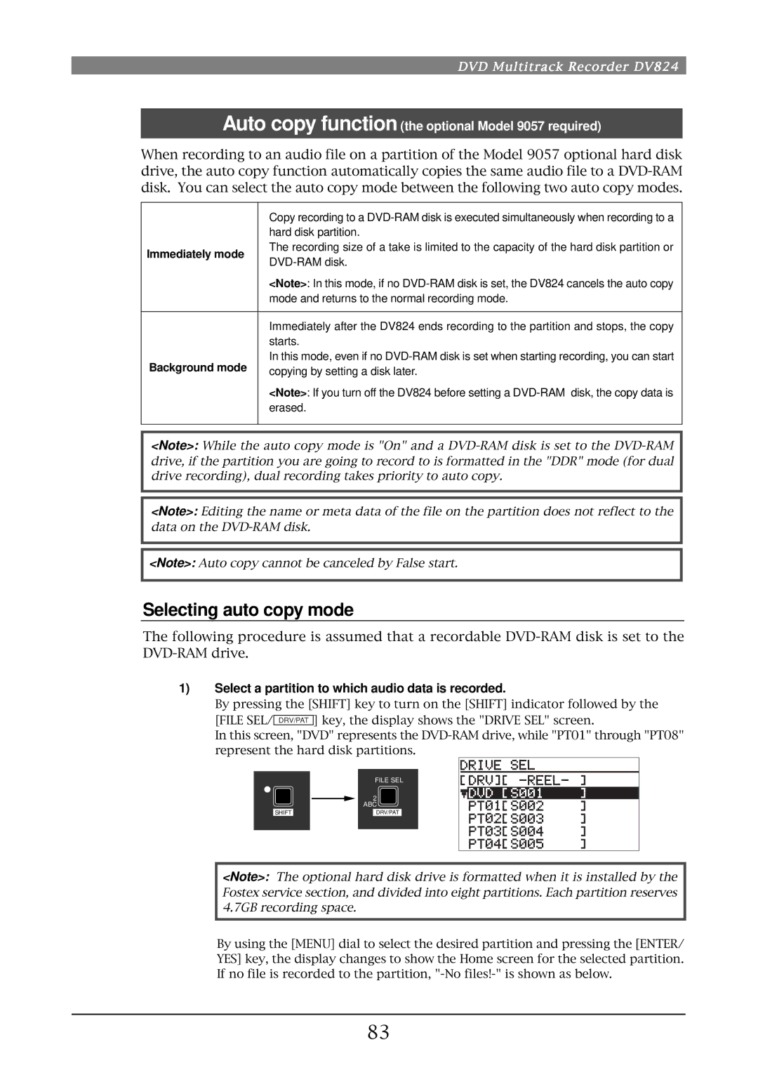 Fostex DV824 owner manual Selecting auto copy mode, Select a partition to which audio data is recorded, Immediately mode 