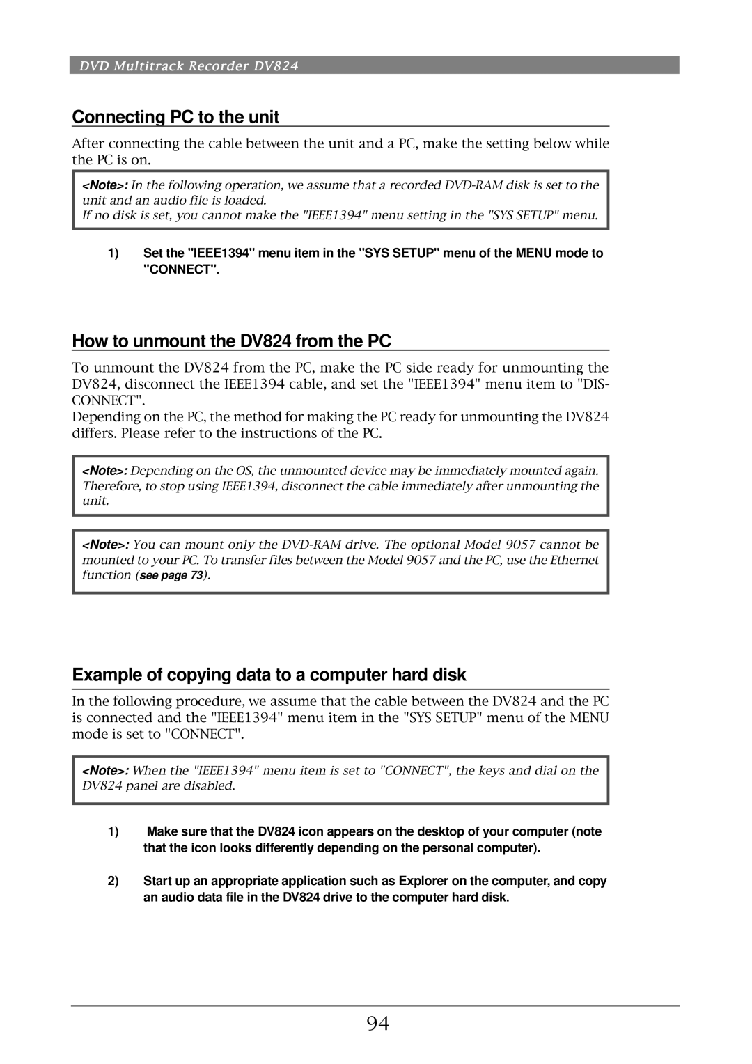 Fostex Connecting PC to the unit, How to unmount the DV824 from the PC, Example of copying data to a computer hard disk 