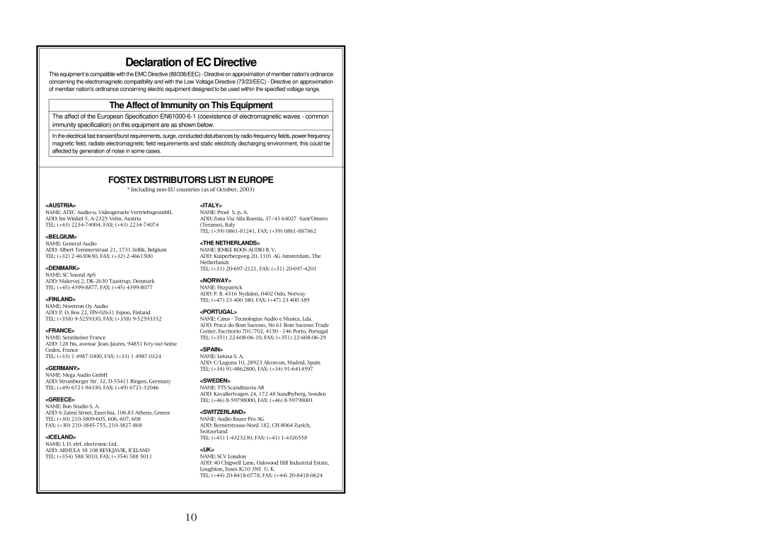 Fostex EX12 owner manual Declaration of EC Directive, Affect of Immunity on This Equipment 